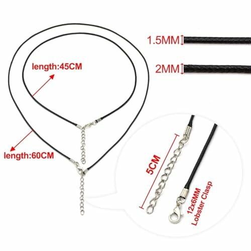 Svart justerbar halsbandskedja med mått.