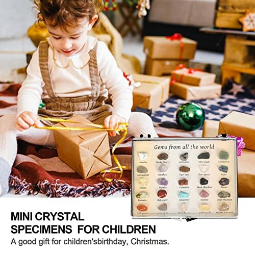 Barn öppnar presenter med kristaller i bakgrunden.