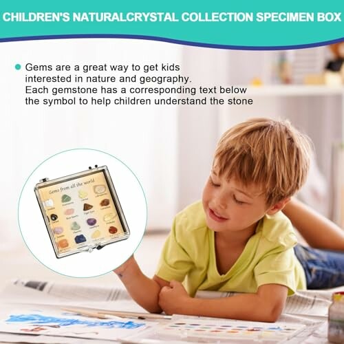 Pojke leker med kristaller och broschyr.