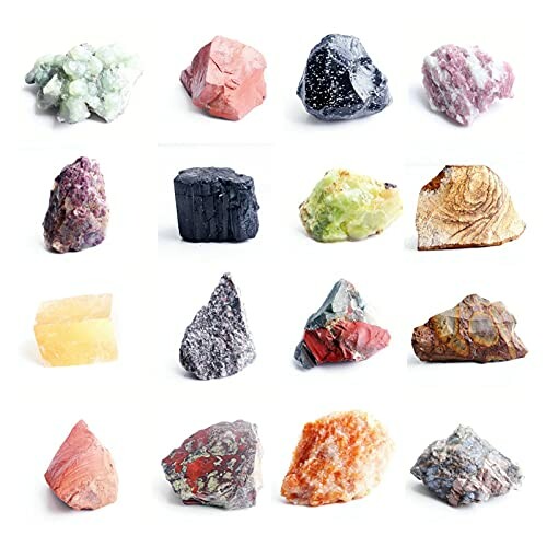 Olika mineralstenar på vit bakgrund.