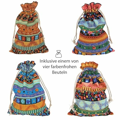 Färgglada tygpåsar med olika mönster