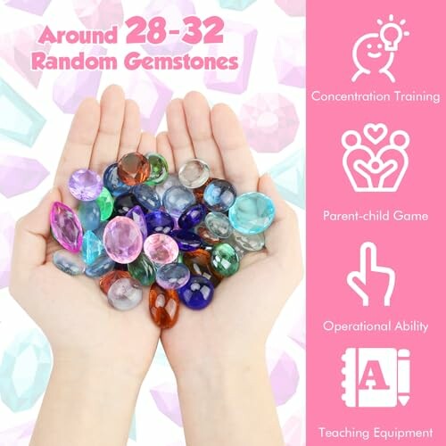 Olika färgglada ädelstenar i händerna