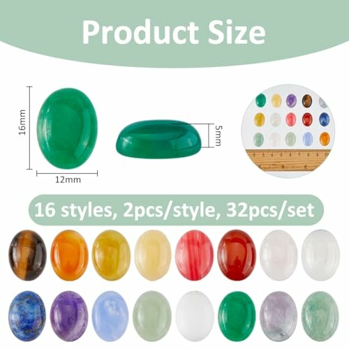 Flera ovala ädelstenar i olika färger och storlekar.