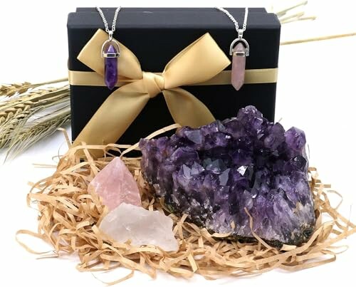 Amethyst och rosenkvartskristaller med presentförpackning