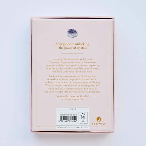 Baksida av en bok om kristaller med beskrivande text och pris.