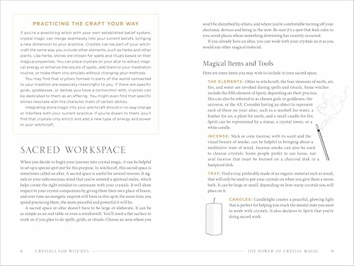 Sida från bok om kristallmagi med text om arbetsutrymme och magiska föremål.