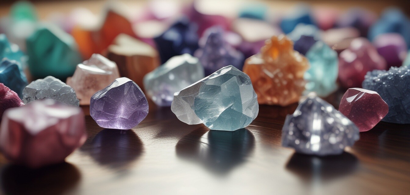 Various types of crystals on a wooden surface