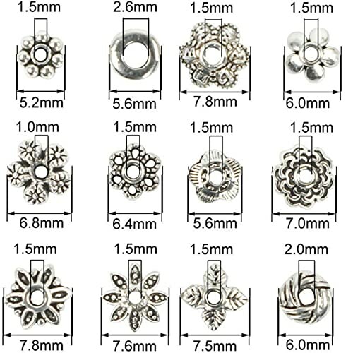 Olika dekorativa metallpärlor med storleksmått.