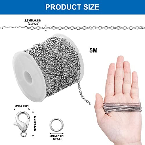 Silverkedja för smyckestillverkning, 5 meter lång