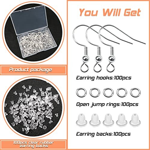 Örhängstillverkningskit med krokar, hoppringar och bakstycken.