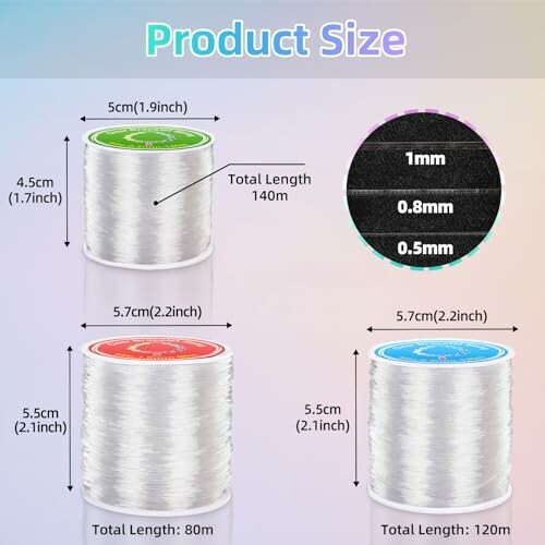 Storleksguide för elastisk tråd med olika tjocklekar och längder.