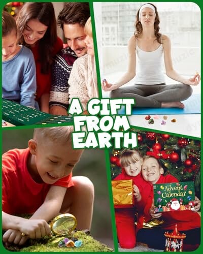 Collage av familjeaktiviteter inklusive brädspel, meditation, naturutforskning och julfirande.