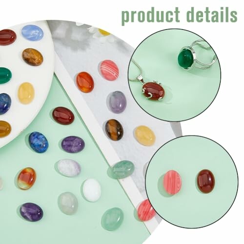 Olika färgglada ädelstenar och ringar.