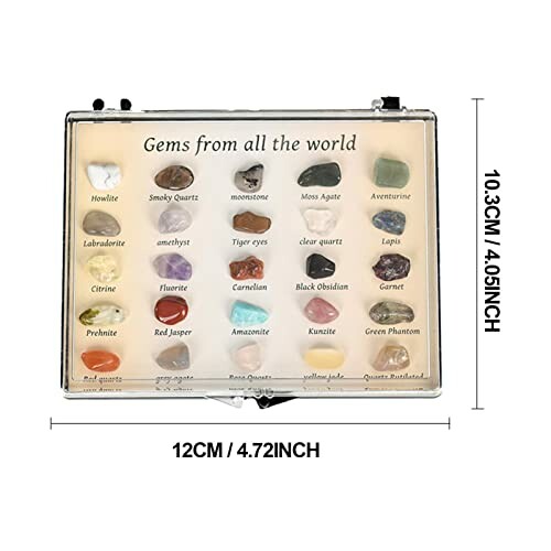 Samling av ädelstenar från hela världen i en låda.