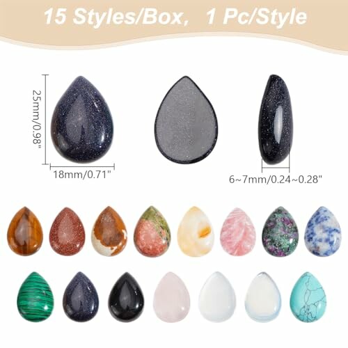 Flera tårformade pärlor i olika färger och mönster