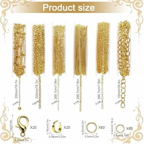 Olika storlekar på guldkedjor och deras mått.