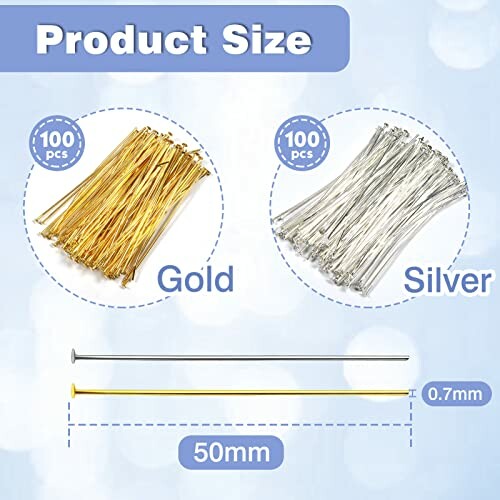 Guld- och silverfärgade hattnålar, 50 mm långa, 0,7 mm tjocka, 100 st per färg