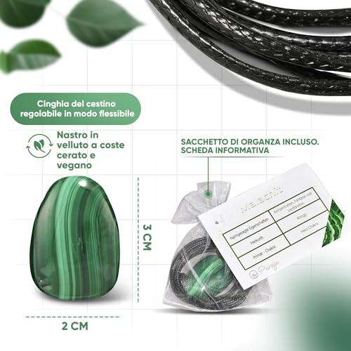 Grön sten med justerbart band och påse.