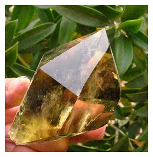 En hand håller en stor citrinkristall framför gröna blad.