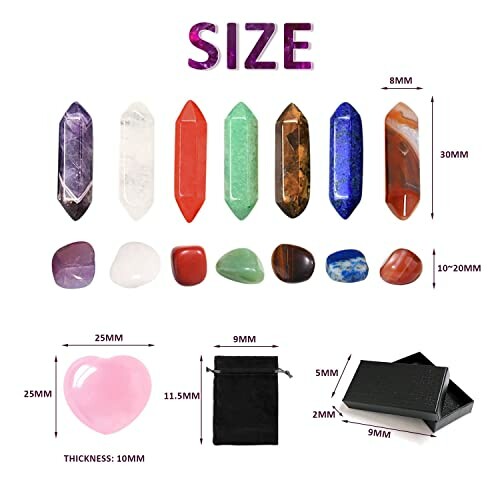 Olika stenar och kristaller med mått.