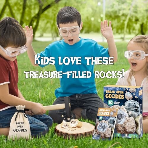 Barn utforskar geoder med skyddsglasögon