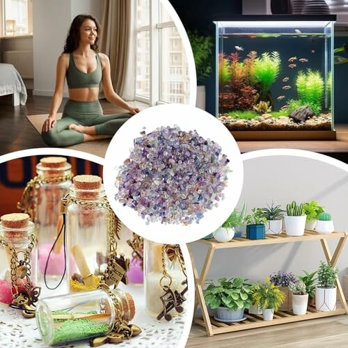 Kvinna mediterar, akvarium, kristaller och växter på hylla.