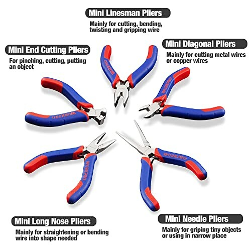Fem olika typer av minitänger på vit bakgrund.