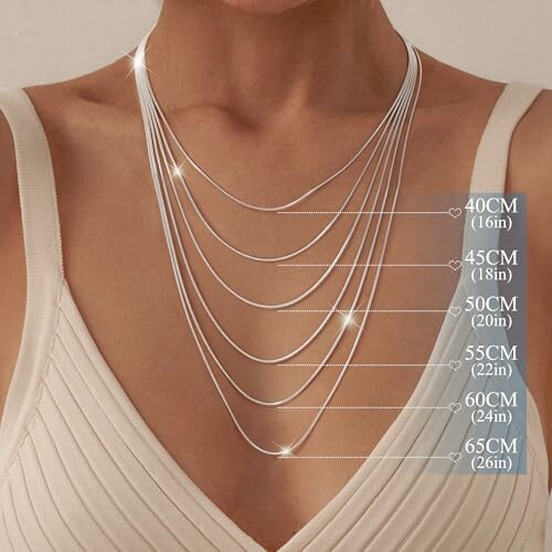 Halsbandlängder i centimeter visas på modell.