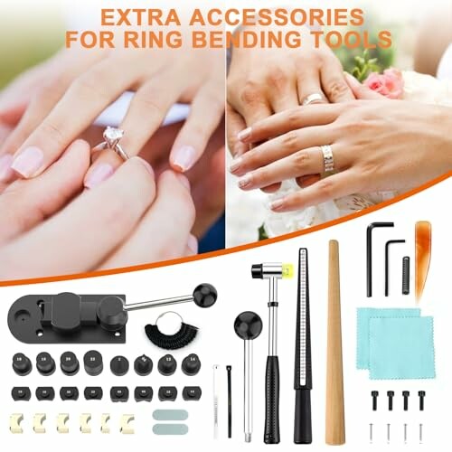 Tillbehör för ringböjningsverktyg och händer som bär ringar.