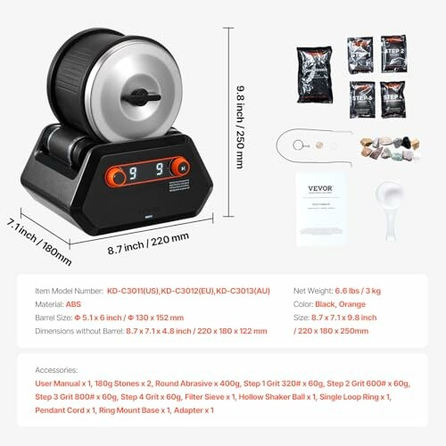 Specifikationer för stentumlarset med tillbehör och mått.