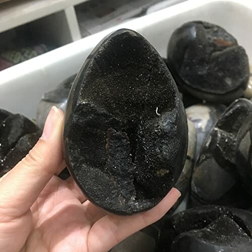 Hand håller en svart shungitsten.