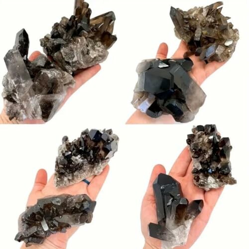 Hand håller rökiga kvarts kristaller