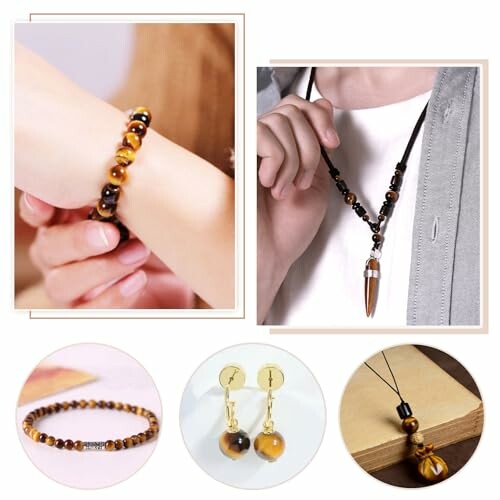 Smycken av tigeröga, inklusive armband, halsband och örhängen.