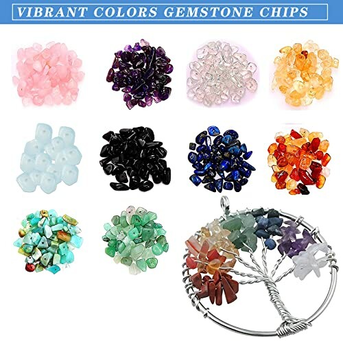 Färgglada ädelstenschips och livets träd hänge.