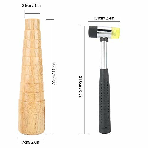 Träkon och gummihammare med mått.