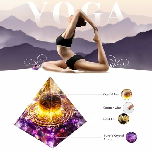 Kvinna gör yoga framför berg med kristallpyramid.